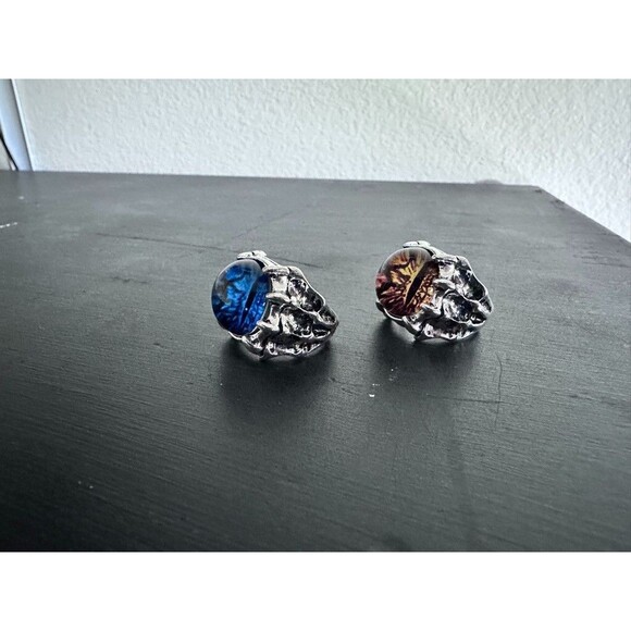 Dragon Eye Mens Ring Adjustable Yellow Blue Silver Metal Gothic Cosplay Set of 2 - Picture 5 of 8